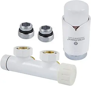 Узел нижнего подключения радиатора терморегулирующий угловой правый М22x1.5 x ¾"ек (½"н) Schlosser Duo-Plex белый 602100001, 1