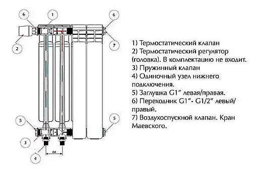 Радиатор биметаллический 6 секций нижнее левое подключение Rifar Monolit Ventil 350 RMVL35006