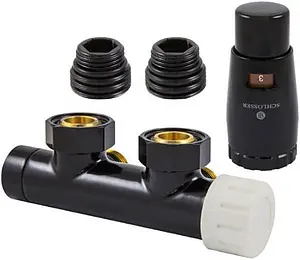 Узел нижнего подключения радиатора терморегулирующий угловой правый М22x1.5 x ¾"ек (½"н) Schlosser Duo-Plex черный Ral 9005 602100101, 1