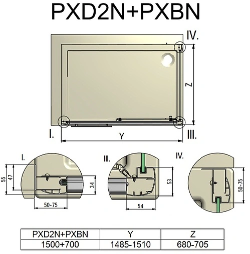 Душевое ограждение 1500x700мм матовое стекло Roltechnik Proxima Line PXD2N+PXBN/1500*700 526-1500000-00-15+527-7000000-00-15