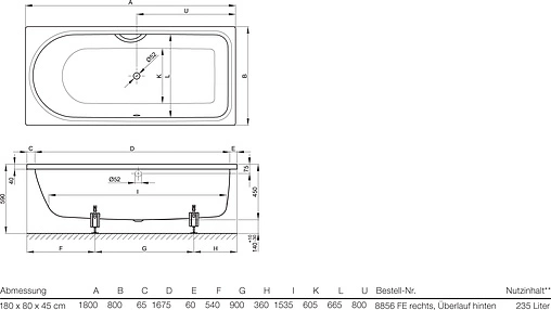 Ванна стальная Bette Ocean 180x80 anti-slip+easy-clean белый 8856-000 PLUS AR