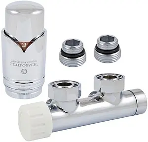 Узел нижнего подключения радиатора терморегулирующий угловой левый М22x1.5 x ¾"ек (½"н) Schlosser Duo-Plex хром 602100007, 1