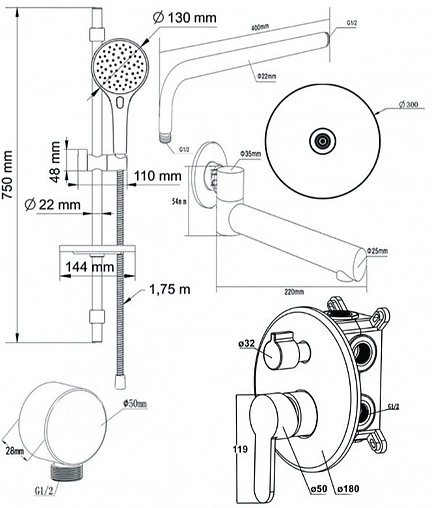 Душевая система со смесителем для ванны Swedbe Platta хром 5542