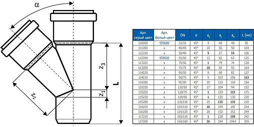 Тройник внутренний D=32x32мм Угол 45° Ostendorf HTEA 110200