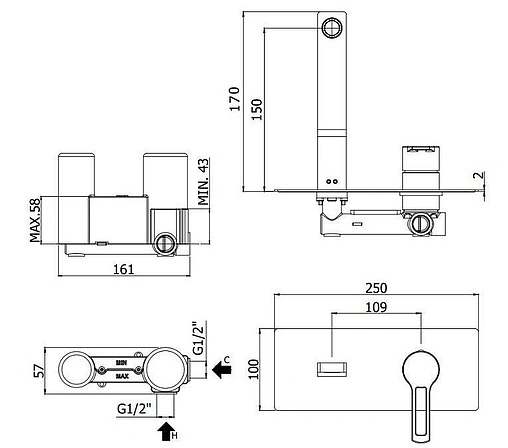 Смеситель для раковины из стены Paffoni Ringo чёрный матовый RIN104NO