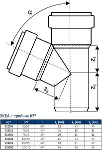 Тройник внутренний бесшумный D=110x58мм Угол 67° Ostendorf Skolan Safe SKEA 335320, 2