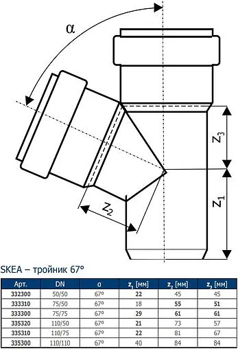 Тройник внутренний бесшумный D=110x58мм Угол 67° Ostendorf Skolan Safe SKEA 335320