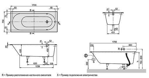 Ванна квариловая Villeroy&amp;Boch Oberon 170x75 альпийский белый UBQ170OBE2V-01