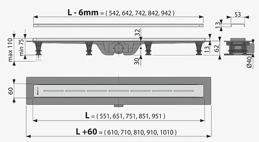 Лоток душевой Set 950мм h=62мм 0.45л/сек AlcaPlast APZ18-950M Simple