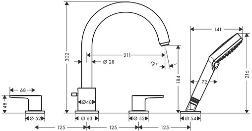 Смеситель на борт ванны на 4 отверстия Hansgrohe Vernis Blend чёрный матовый 71456670