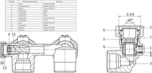 Узел нижнего подключения радиатора с байпасом угловой ¾"ек x ¾"ек Uni-Fitt 191N3300 Узел нижнего подключения радиатора с байпасом угловой ¾"ек x ¾"ек Uni-Fitt 191N3300, 3