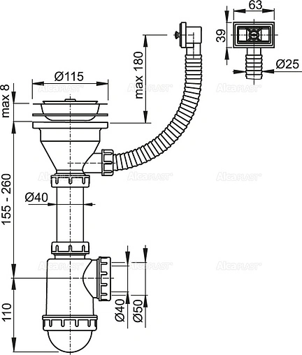 Сифон бутылочный для мойки с переливом AlcaPlast A447-DN50/40 Сифон бутылочный для мойки с переливом AlcaPlast A447-DN50/40