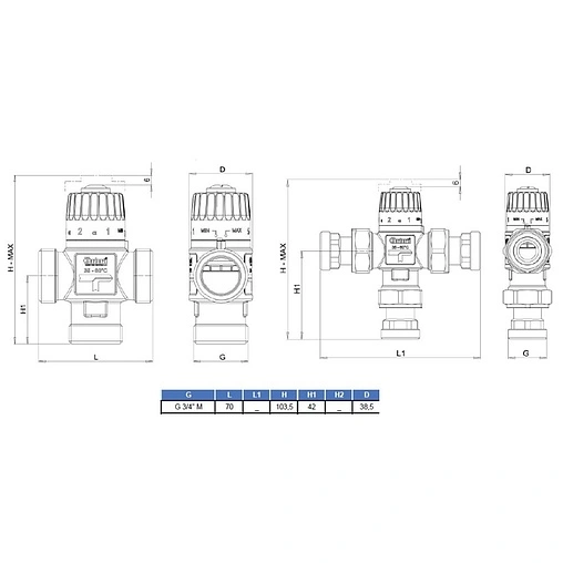 Трехходовой термостатический смесительный клапан ¾&quot; +35...+60°С Kvs 1.6 Barberi L-comfort V07 M20 0AB