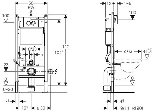 Комплект 6 в 1 Geberit Selnova Square Rimfree 458.121.SE.1 с кнопкой Delta21 хром глянцевый Комплект 6 в 1 Geberit Selnova Square Rimfree 458.121.SE.1 с кнопкой Delta21 хром глянцевый