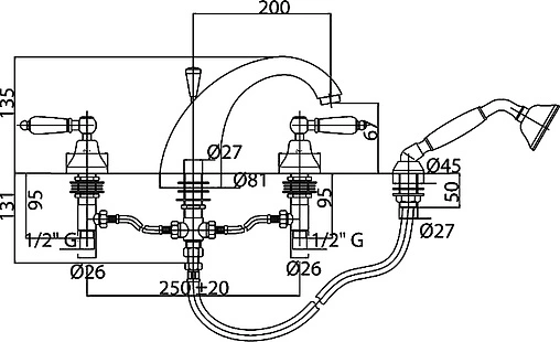 Смеситель на борт ванны на 4 отверстия Cezares Diamond хром DIAMOND-BVD-01-Sw