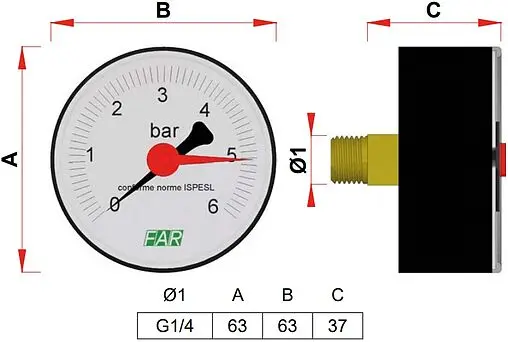 Манометр аксиальный Far 63мм 6 бар ¼&quot; FA 2500 06