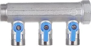 Коллектор запорный проходной 3 отвода синий 1"в/н x ¾"ек Henco VB060503-BLAUW Коллектор запорный проходной 3 отвода синий 1"в/н x ¾"ек Henco VB060503-BLAUW, 3
