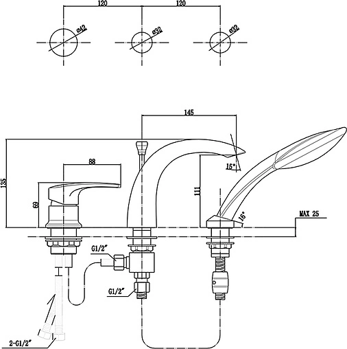 Смеситель на борт ванны на 3 отверстия Timo Beverly хром 3030/00Y