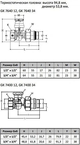 Комплект вентилей терморегулирующих прямых ½&quot; в/н Gekon GK 76407400 12