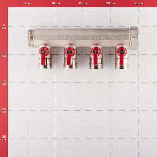 Коллектор запорный проходной 4 отвода красный 1&quot;в/н x ¾&quot;ек Henco VB060504-ROOD