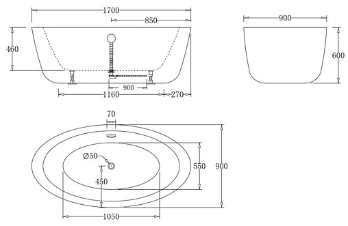 Ванна акриловая отдельностоящая BelBagno 170x90 BB67-1700