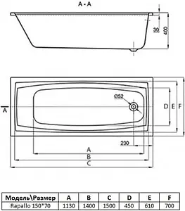 Ванна акриловая Toni Arti Rapallo PL 150х70 TA-R15070 Ванна акриловая Toni Arti Rapallo PL 150х70 TA-R15070, 2