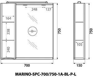 Шкаф-зеркало BelBagno FLY-MARINO 70 L Bianco Lucido MARINO-SPC-700/750-1A-BL-P-L Шкаф-зеркало BelBagno FLY-MARINO 70 L Bianco Lucido MARINO-SPC-700/750-1A-BL-P-L, 2