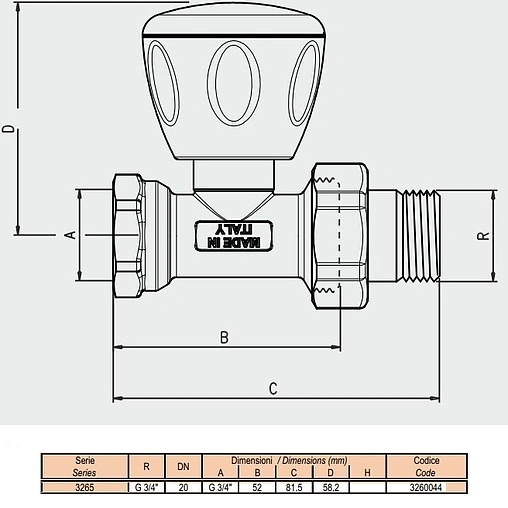 Вентиль регулирующий прямой ¾&quot; в/н Tiemme 3260044