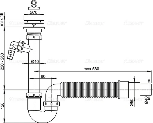 Сифон трубный для мойки AlcaPlast A830-DN50/40