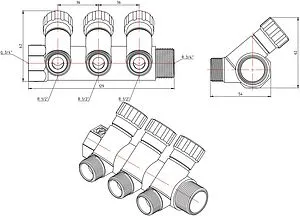 Коллектор регулирующий проходной 3 отвода ¾&quot;в/н x ½&quot;к Valtec VTc.560.N.0503, 2