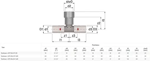 Тройник push-fit переходной 20мм x ½&quot;в x 20мм Comap MultiSkin 9130GP201220