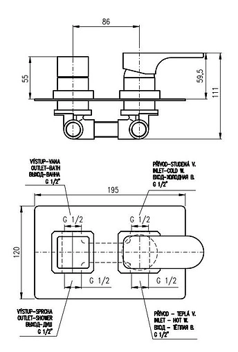 Смеситель для ванны скрытого монтажа Rav Slezak Yukon белый/хром YU186KCB