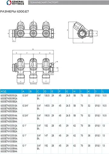 Коллектор регулирующий проходной 2 отвода синий 1&quot;в/н x ¾&quot;ек General Fittings 6300E7N1005B2A