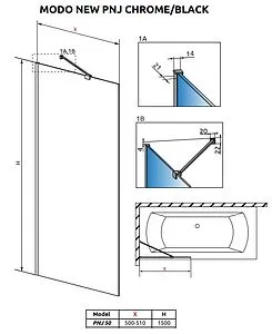 Шторка на ванну 500мм прозрачное стекло Radaway Modo PNJ Black 50 10006050-54-01, 2