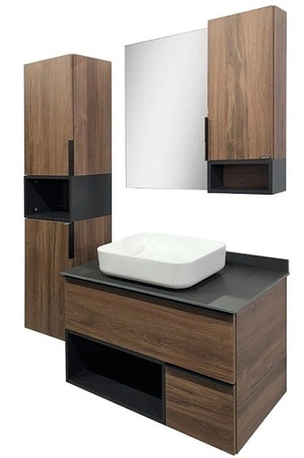 Шкаф-зеркало Comforty Штутгарт 90 R дуб тёмно-коричневый/чёрный 00004151038CF