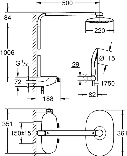 Душевая система с термостатом для душа Grohe Rainshower SmartControl 360 Mono хром 26361000