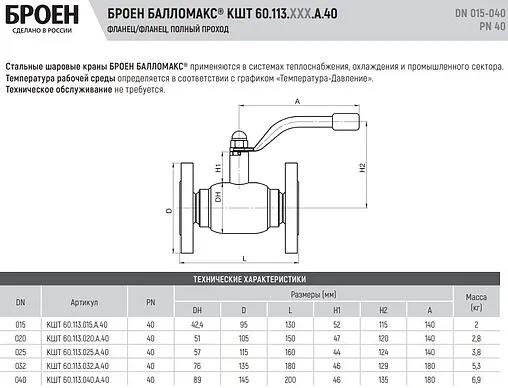 Кран шаровый фланцевый Ду32 Ру40 Broen БАЛЛОМАКС КШТ 60.113.032.А.40