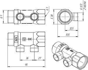 Коллектор распределительный проходной 2 отвода 1"в/н x ½"к Valtec VTc.500.N.0602 Коллектор распределительный проходной 2 отвода 1"в/н x ½"к Valtec VTc.500.N.0602, 2