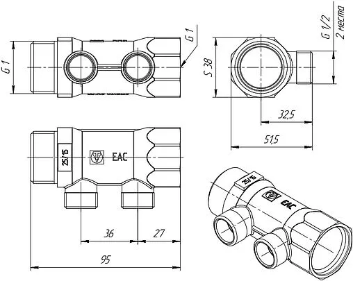 Коллектор распределительный проходной 2 отвода 1&quot;в/н x ½&quot;к Valtec VTc.500.N.0602