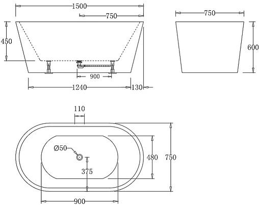 Ванна акриловая отдельностоящая BelBagno 150x75 без перелива  BB71-1500-W0