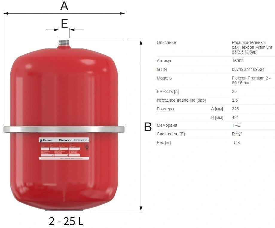 Расширительный бак Flamco Flexcon Premium 25л 6 бар 16952
