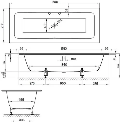 Ванна стальная Bette One 170x75 anti-slip белый 3312-000 AR Ванна стальная Bette One 170x75 anti-slip белый 3312-000 AR