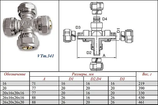 Крестовина компрессионная редукционная 20мм x 16мм x 20мм x 16мм Valtec VTm.341.N.201620 Крестовина компрессионная редукционная 20мм x 16мм x 20мм x 16мм Valtec VTm.341.N.201620
