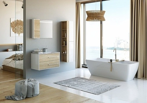 Тумба-умывальник подвесная Aqwella Miami 90 белый/дуб сонома Mai.01.09/R+Mal.09.04.D-R