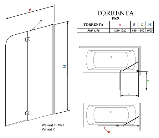 Шторка на ванну 1200мм тонированное стекло Radaway Torrenta PND PND 120 R 201203-105NR