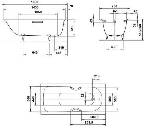 Ванна стальная Kaldewei Saniform Plus 160x75 mod. 372-1 anti-slip (полный)+easy-clean белый 112534013001