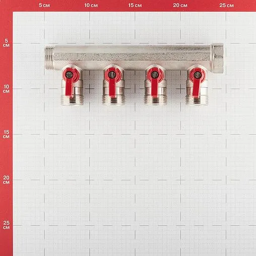 Коллектор запорный проходной 4 отвода красный ¾&quot;в/н x ¾&quot;ек Henco VB050504-ROOD