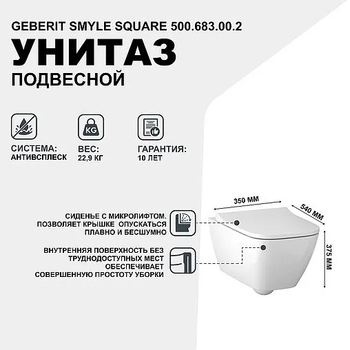 Унитаз подвесной безободковый Geberit Smyle Square Rimfree белый 500.683.00.2 Унитаз подвесной безободковый Geberit Smyle Square Rimfree белый 500.683.00.2
