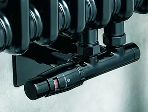 Узел нижнего подключения радиатора терморегулирующий угловой левый М22x1.5 x ¾"ек (½"н) Schlosser Duo-Plex черный Ral 9005 602100102, 5