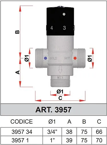 Трехходовой термостатический смесительный клапан ¾&quot; +25...+65°С Kvs 3.6 Far Termo FA 3957 34